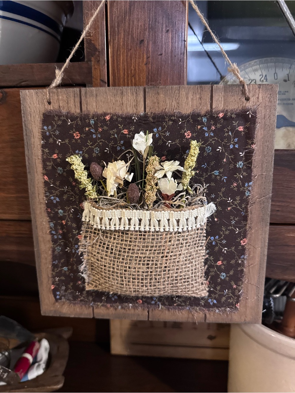 Rustic Burlap Pocket Wall Art with Dried Flowers - Brown